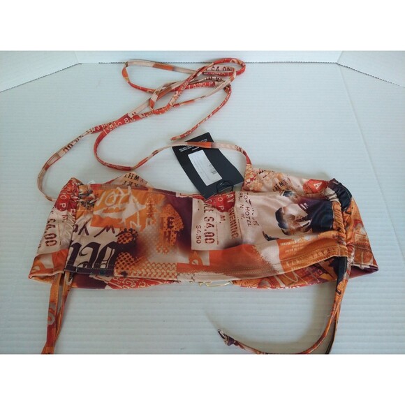 NWT Pretty Little Thing Bikini Top 10 Bottom 8 orange newspaper print ruched tie - Picture 10 of 12
